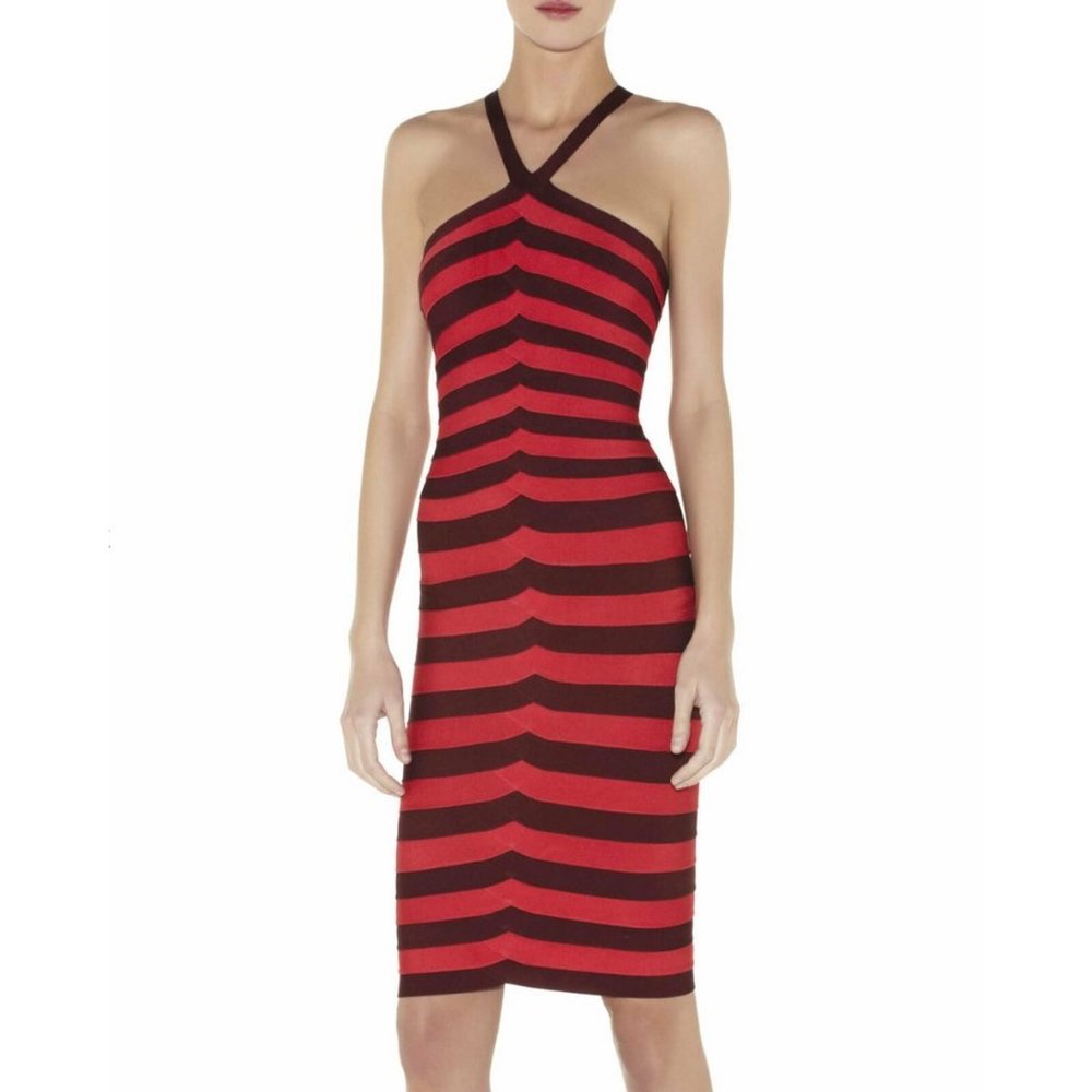 NWT Herve Leger Zindzi Striped Red Beet Halter Dress